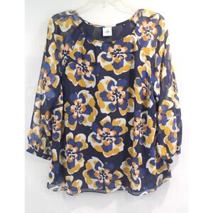 Cabi Lydia Top Womens size XL Navy Blue Floral Lined Long Sleeve Boho Retro